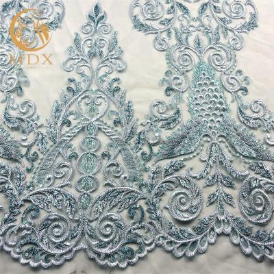 China Sustainable Factory Manufactured Textile Sequins Lace Fabric Fancy Design African Styles Blue Lace Dress Fabric for sale