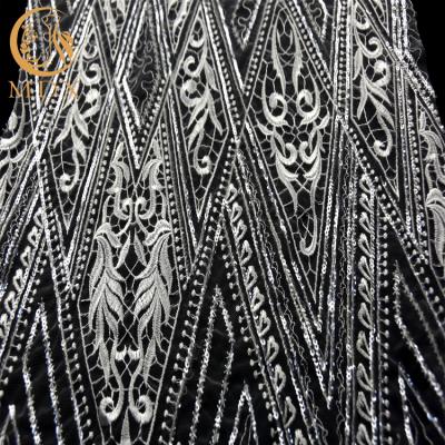 China Hot Sale Viable White African Tulle Mesh Embroidery Lace Fabric High Quality Sequin Lace For Wedding Bridal Dress for sale