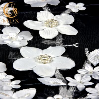 China Sustainable Noble White Flowers Embroidery Fabric Lace Beaded Floral Fabric For Wedding Dresses for sale