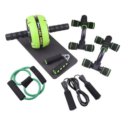 China Portable 6 PCS Home Gym Fitness Set Roller Wheel Abdominal Raise Bars Hand Gripper Jump Rope Knee Pad Package Kit Fitness ABS Trainer for sale