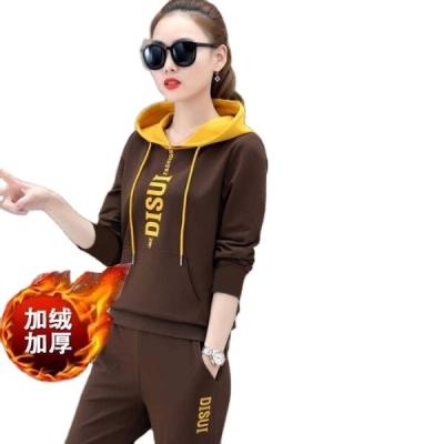 China 2021 new autumn and winter women's loose anti-pilling hoodie plus thick suede casual sportswear two-piece set for sale