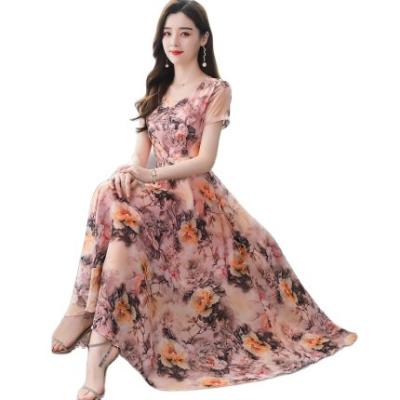 China Retro Elegant Ice Silk Dress Women's Viable Lady's Temperament Mature Floral Middle Length Skirt New Light Summer for sale