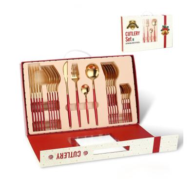 China Amazon Disposable Hot Sale Christmas Luxury Gift Box 24 Pieces Food Grade Red Gold Stainless Steel Cutlery Set for sale