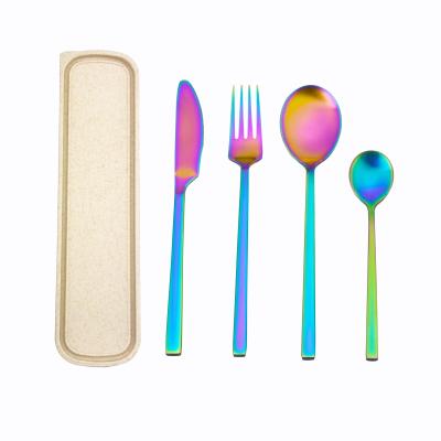 China Amazon Travel Disposable Hot Selling Stainless Steel Flatware Gold Color Flatware Camping Matte Set With Wheat Box for sale