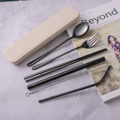 China Hot Selling Custom Logo Color Sustainable Outdoor Travel Camping 304 Stainless Steel Portable Cutlery Set With Wheat Box for sale