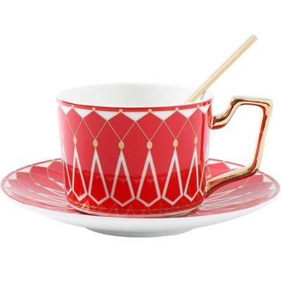 China Sustainable Style 250ML Luxury Geometric European Ceramic Cups And Saucers With Gold Handle And Rim for sale