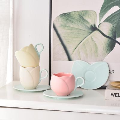 China Promotional New Type Stocked Tulip Shape Ceramic Cups And Saucers Factory for sale