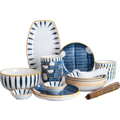 China Modern Hand Painted Ceramic Dinner Set Japanese Style White and Blue Stripe Dish Sauce Dish Spoon Chopsticks Soup Bowl Rice Bowl Dish for sale