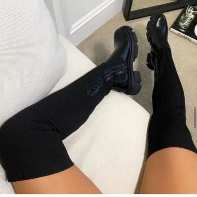 China Breathable Stretch Axle Platform Knitting Sticky Women Over The Knee High Boots Flats Shoes Chunky Unique Boots Autumn Winter 2021 for sale