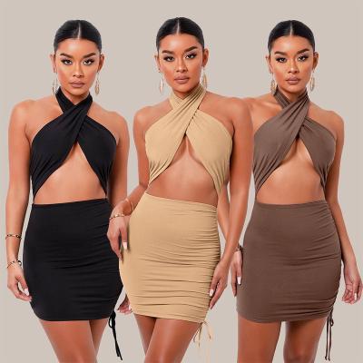 China 2022Spring new women's sexy solid color washable pleating halter dress Amazon foreign trade backless wholesale for sale