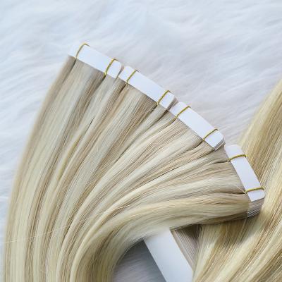 China Straight Strong Adhesive Double Drawn Invisible Skin Weft 100 Remy Russian Blonde Highlight Piano Blond PU Tape ins Human Hair Extensions for sale