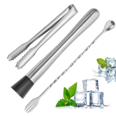 China Viable Custom Barware Set 8 Inch Stainless Steel Cocktail Messy Person Set Tool Kit With Ice Clip And Mixing Spoon 3pcs Cocktail for sale