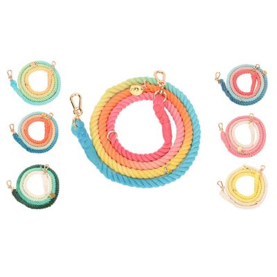 China Hot Selling Dog Pet Products Personalized Strong Rainbow Dog Rope Leashes, Custom Colorful Organic Braided Cotton Gradient Rope Dog Leashes for sale