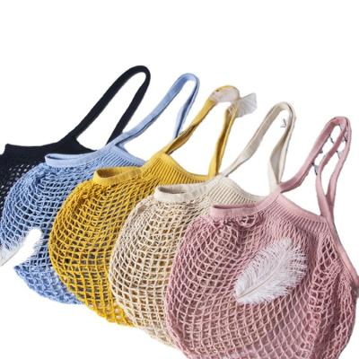 China Customized French Grocery Store Eco-Friendly Colorful Reusable Crochet Label String Shopping Tote Cotton Mesh Bag for sale