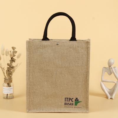 China Eco Friendly Customized Logo Customized Black Rivet Closure Plain Handle Burlap Shopping Tote Bag for sale