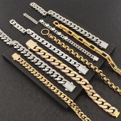 China Trendy Gold Plated Diamond Iced Cuban Necklace Chain Necklace Jewelry 14k 18k Horizon Stainless Steel Necklace Design for sale