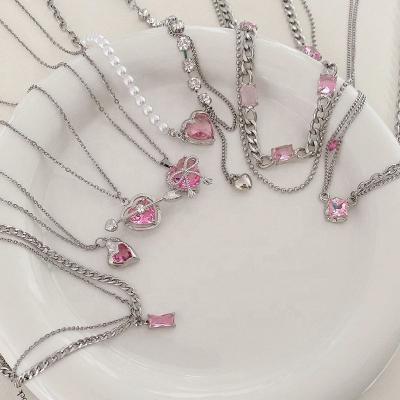 China FASHIONABLE Luxury Pink Stainless Steel Pearl Stainless Steel Necklace Insist Skyline Zircon Heart Necklace Women Choker Party Wedding Valentine Glass Jewelry for sale