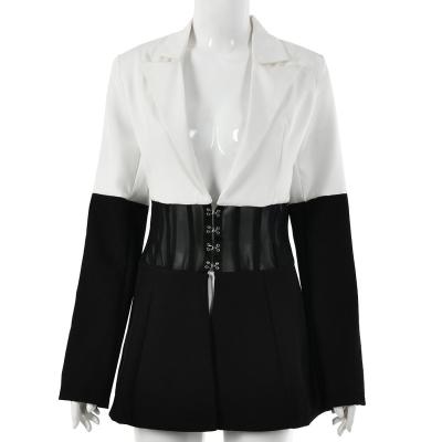 China Anti-wrinkle European and American black and white waist V-neck new fashion slim suit jacket women for sale