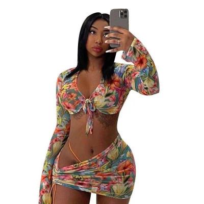 China Spring and summer waterproof European and American sexy mesh printed irregular skirt suit for sale