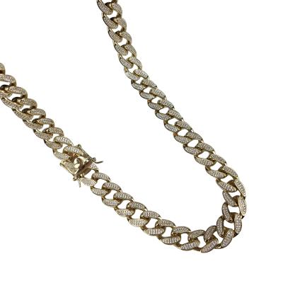 China Brass / 925 Sterling Silver 14K Gold Plated 12MM Iced Out Cuban Link Chain Necklace For Men's Jewelry for sale