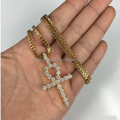 China Hip Hop Necklace Hip Hop Pendant Necklace Gold Plated Iced Out Ankh Cross Pendant for sale