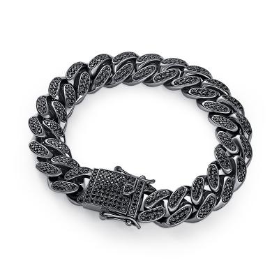 China New Silver Black Brass/925 Gold Plated AAA Zircon Micro Pave Black Iced Out Cuban Link Bracelet In 12mm for sale