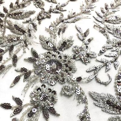 China Beautiful Viable Design Silver Beaded Fabric Wholesale Beaded Lace Fabric By The Yard For Dress for sale