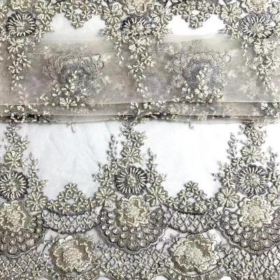 China 2022 handmade luxury handmade beaded lace fabric beaded sequined lace fabric bridal lace fabric for dress for sale