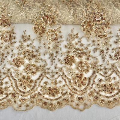 China 2022 Viable Luxury Embroidery Fabric Gold Beaded Embroidery Lace Beaded Lace Fabric For Evening Dress for sale