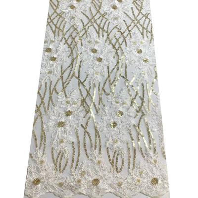 China Luxury Gold Embroidered Tulle Lace Fabric African Tied Swiss White Rope Lace Fabric Viable Luxury Gold Embroidered Tulle Lace Fabric For Dress for sale