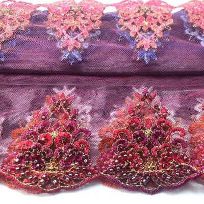 China Viable Elegant Beaded Lace Trim Fabric 100% Multi Color Gold Thread Polyester Lace Trim Fabric For Dress for sale