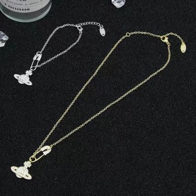 China High Quallity Western Empress Vivian full diamond pin Saturn pendant necklace female niche light luxury temperament bracelet jewelry set for sale