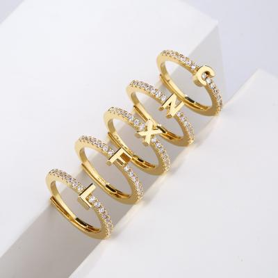 China High Quallity Micro Inlaid Letter Ring 26 English Letter Zircon Ring with Adjustable Opening for sale