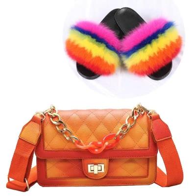 China Acrylic Link Dye Fur Bag Dye Chain Purse and Shoe Sets 2021 New Graffiti Shoes Matching Sandals Slides Women Bags and Slippers Purses and Handbags for sale