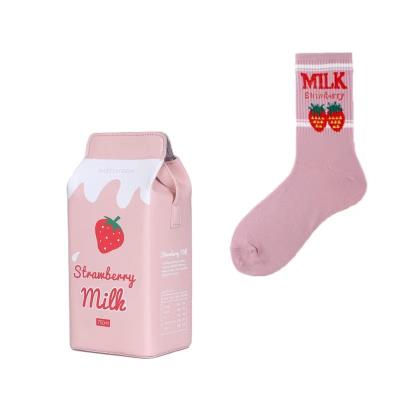 China 2021little girls fashion banana strawberry milk box shape drinks cross - body bag large capacity packaging and socks pinch handbag set for woman for sale