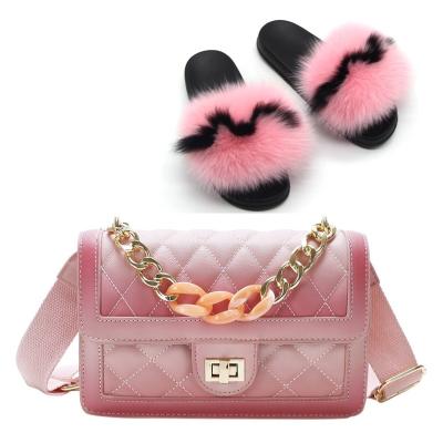 China 2021 High Quality Fox Fox Fur Slippers Bag Acrylic Dye Chain Link Chain Set Women Fur Slippers Sandals With Purse Handbag for sale