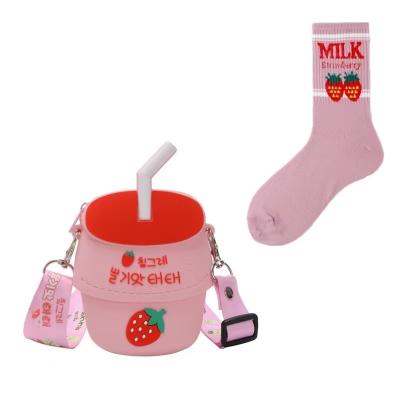 China 2021 Japan Style Cute Avocado Milk Little Girl Silicone Pocket Mini Coin Kids Purse Sets Cross - Body Shoulder And With Matching Straw Socks Set for sale