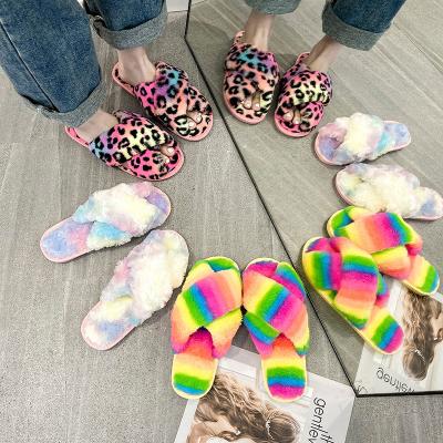 China 2021 Fashion Trend Amazon Plush Ladies Big Faux Fur Slippers Real For Women Winter Sandalias Furry Plush Slippers for sale