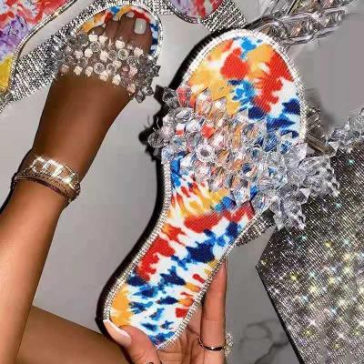 China 2021 Trend Fashion Tie Dye Lady Jelly News Diamond Slippers Outdoor Clear Slides Bling Beach Flat Slippers Rhinestone Rivet Sandals For Women for sale