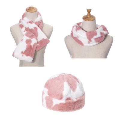 China COMMON High Quality Faux Fur Animal Cow Hat With Scarf 2 Pieces Set Warm Winter Sets For Women Men for sale