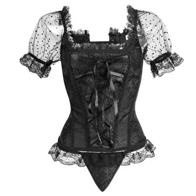 China Workable Elegant Floral Brocade Corset Black Gothic Sleeve Waist Korset Overbust Short Bustier Top for sale