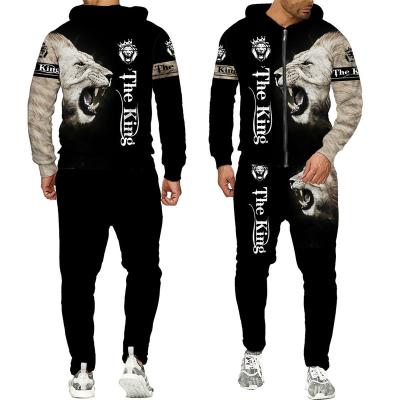 China Breathable Lion King 3D Printed Custom OEM Fashion Mens Sweatshirt Two Piece Zipper Suit Mens Sportswear Long Sleeve Mens Suit for sale