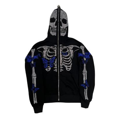 China Cool Breathable Hot Sale Halloween Custom Tudung Skeleton Hoodie With Butterflies Full Zip Hoodie Rhinestone Hoodie for sale