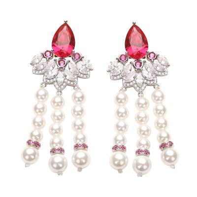 China Gorgeous Handmade Jewelry Wholesale Drop Shaped Red Tassel Women's Pearl Earrings for sale