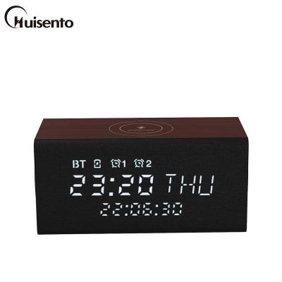 China Wireless Phone Charging Calendar Function HUISENTO Charger BT Speaker LED Digital Wireless Alarm Clock For Home Use for sale