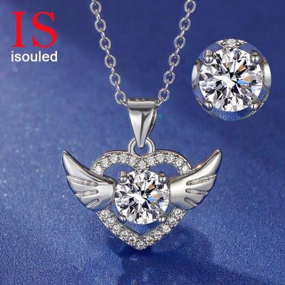 China 2022 Fashion High Quality Solid Brass Angel Wings Pendant Necklace With 6.5mm Moissanite Real Stone for sale