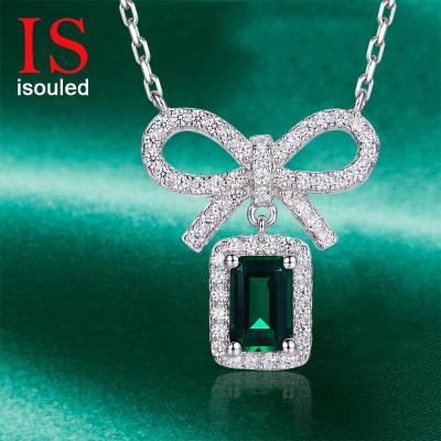 China CLASSIC Rectangular 0.5CT Cultivated S925 Silver Green And White Gold Plated Bowknot Pave Diamond Necklace for sale