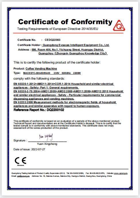 Certificate of Conformity - Guangzhou Evoacas Intelligent Equipment Co., Ltd.