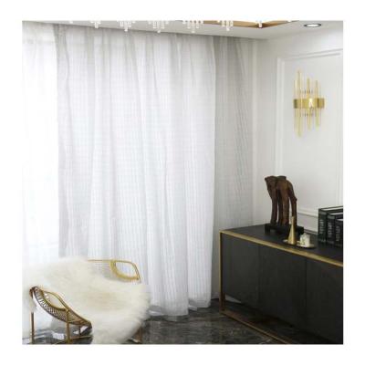 China Modern Gray Yarn-dyed Jacquard Plaid Curtain Voile Translucent Fabric For Living Room for sale