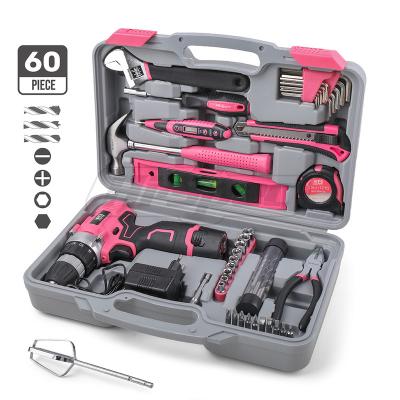 China 60 Piece Pink Power Tool Electrician's Tools Sets Kit Electric Screwdriver with Cordless Drill 12v Li-ion Battery Screwdriver Tools for sale